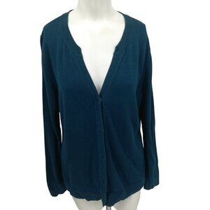 Cabi Ever Cardigan Sweater Size L Teal Open Knit Lined Snap Long SleeveV-Neck